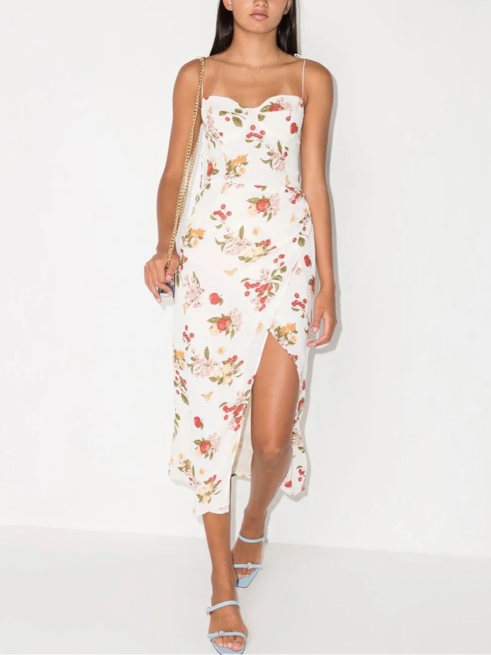 Reformation White Floral Slip Midi Dress with Side Slit